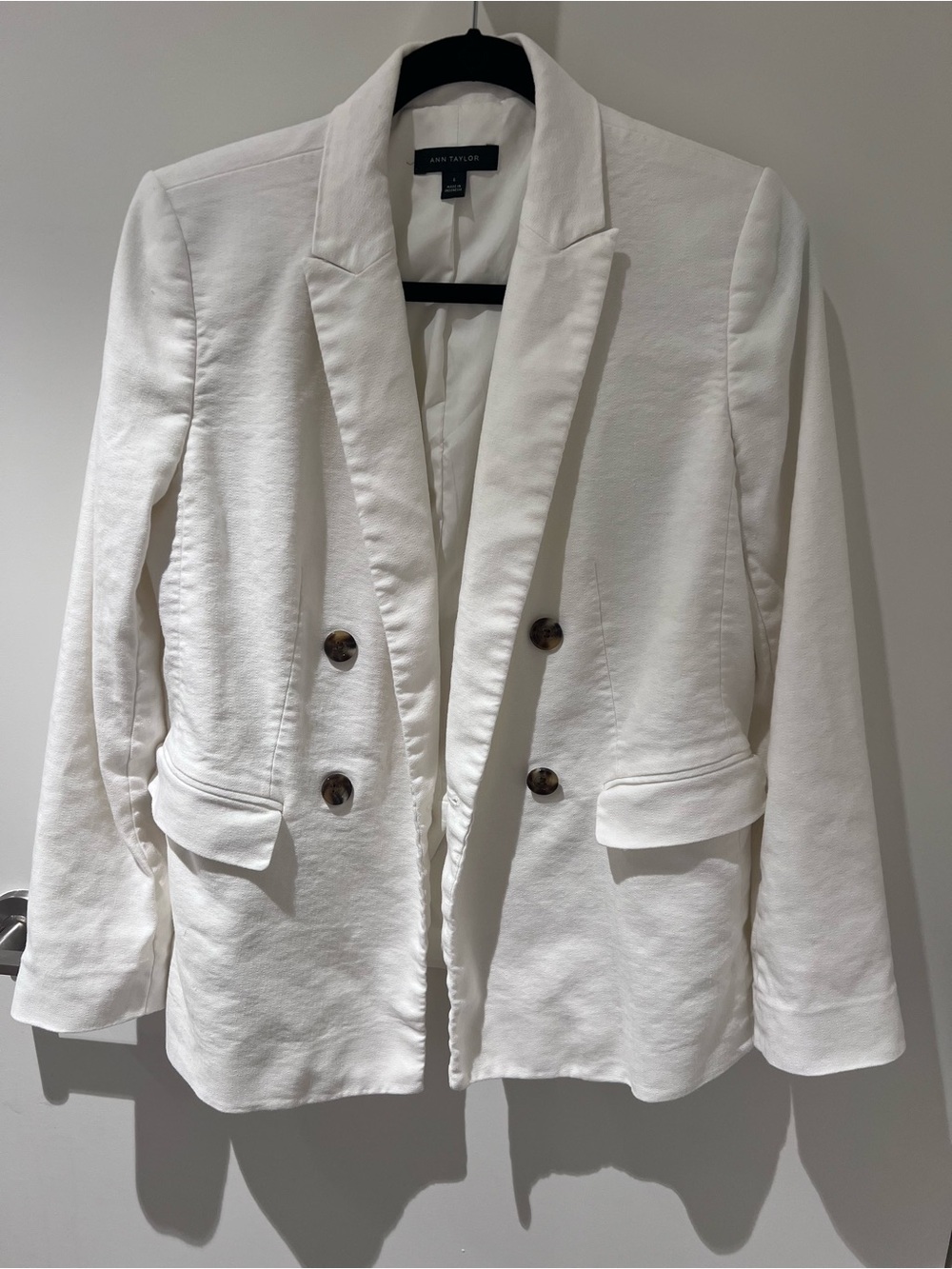 Ann Taylor White Double-Breasted Linen Blend Blazer